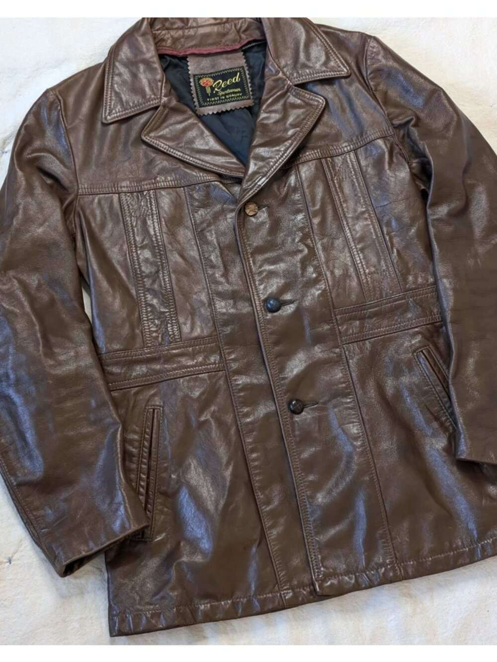 Reed Leather Vintage 70s 80s Classic Brown Car Coat Jacket Small USA Made
